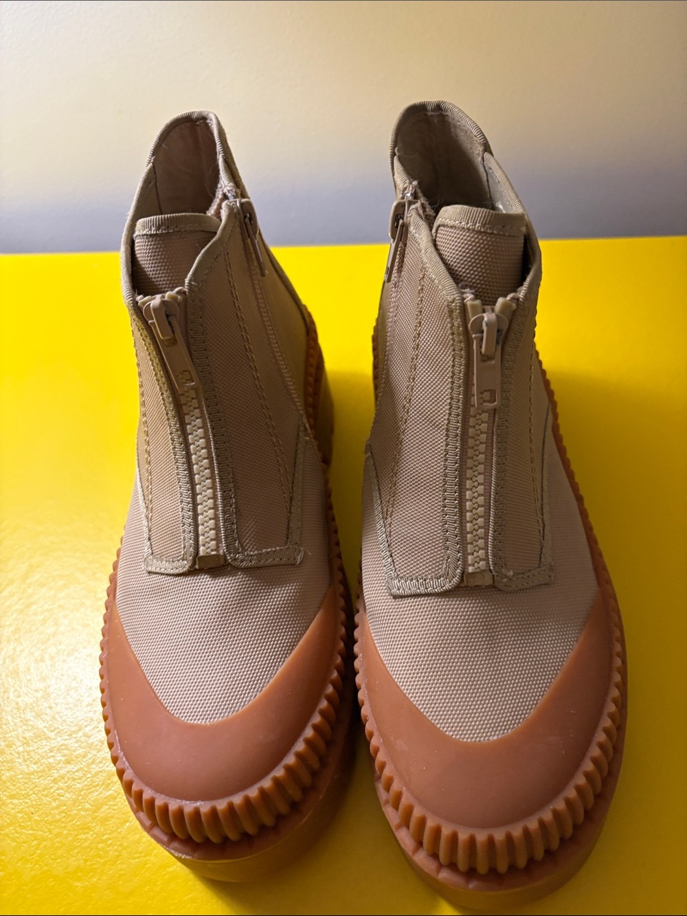 Front-Zip Neutral Tan Ankle Booties